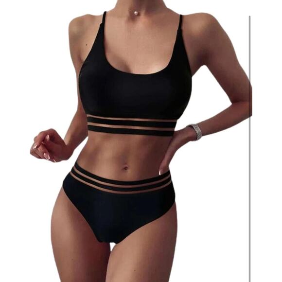 Women's‎ High Waisted Bikini Cut Out Sports Crop Top Color Block Swimsuit Sz M - Picture 3 of 6